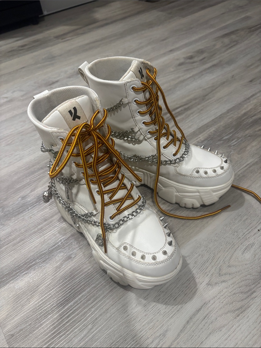 White Platform Combat Boots with Gold Laces and Silver Chains